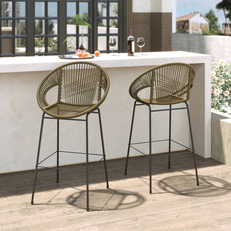 Roomfitters Ferrara Outdoor Faux Wicker Barstools with Metal Frame, Modern Patio Seating, Set of 2