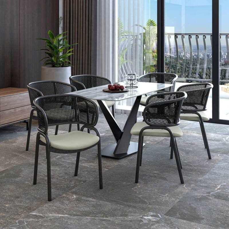 Ervilla Modern Upholstered Accent Side Chair with Wicker Back and Black Iron Legs for Dining Room & Kitchen, Set of 2 - Beige