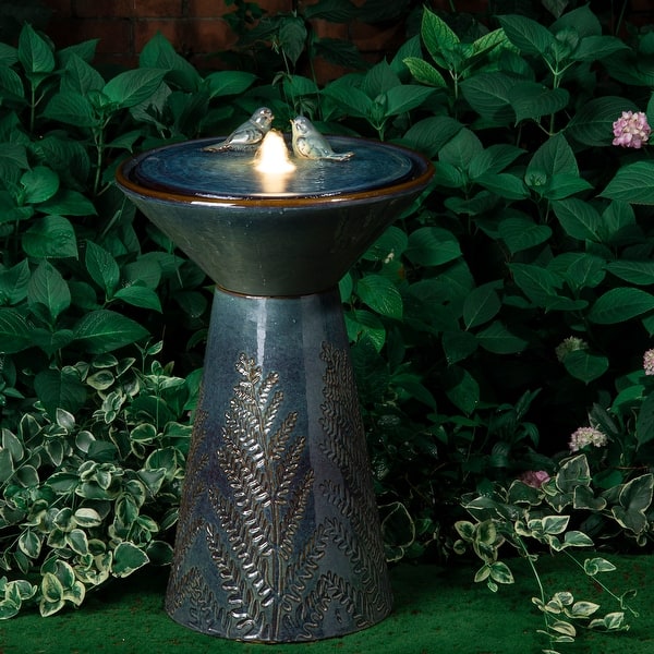 slide 2 of 32, Glitzhome 27.5"H LED Turquoise Two Birds Embossed Ceramic Fountain Green