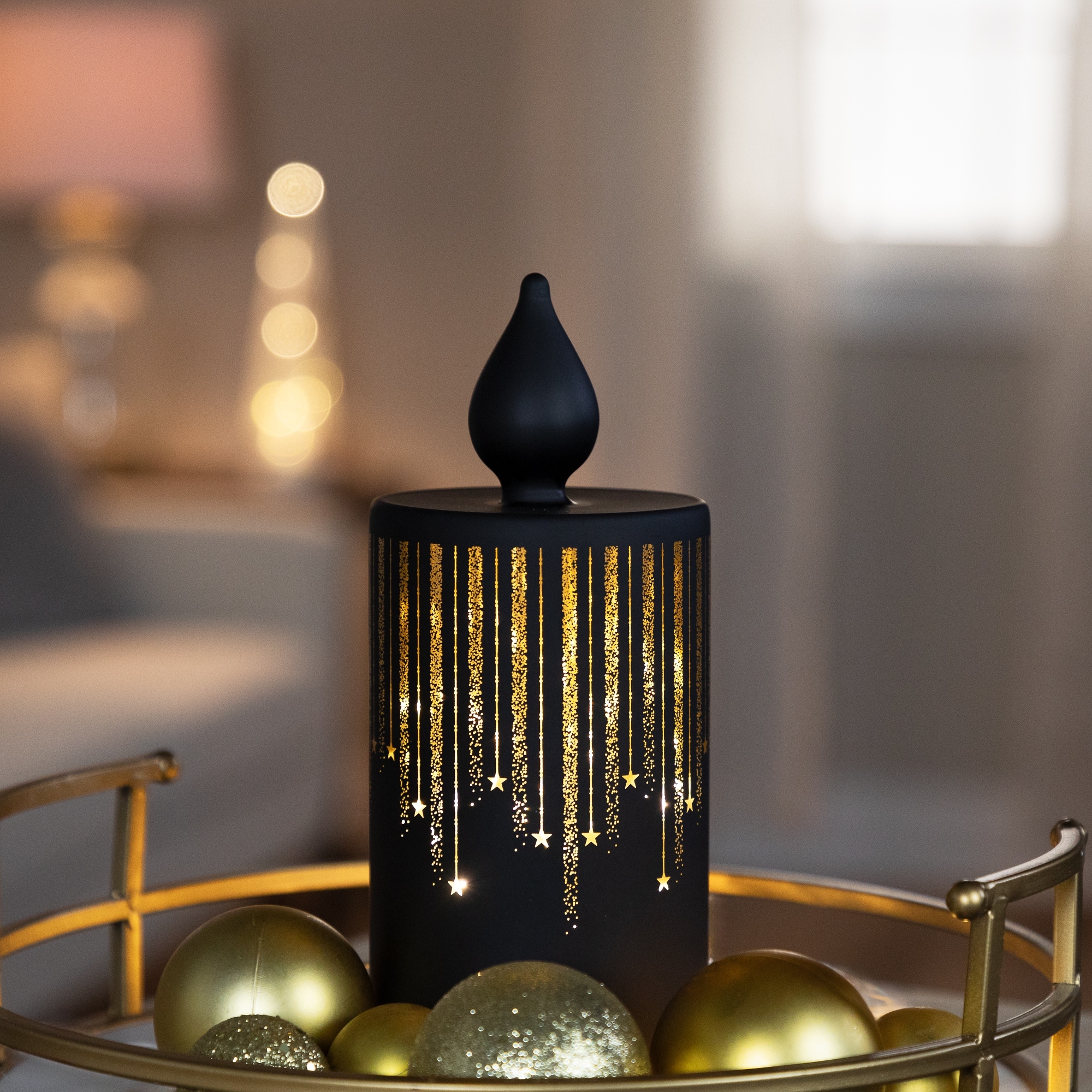 LED Lighted Glass Candle with Stars Christmas Decoration - 8" - Small