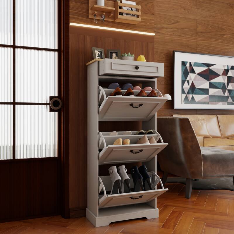 Shoe Cabinet with 1 Drawer & 3 Flip Drawers, Freestanding Storage Organizer, Slim Shoe Cabinet with Adjustable Shelf