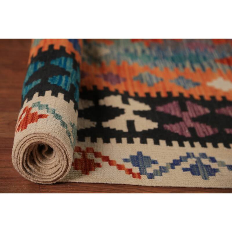 Geometric Kilim Area Rug Flatweave Wool Carpet - 8'8"x 11'10"