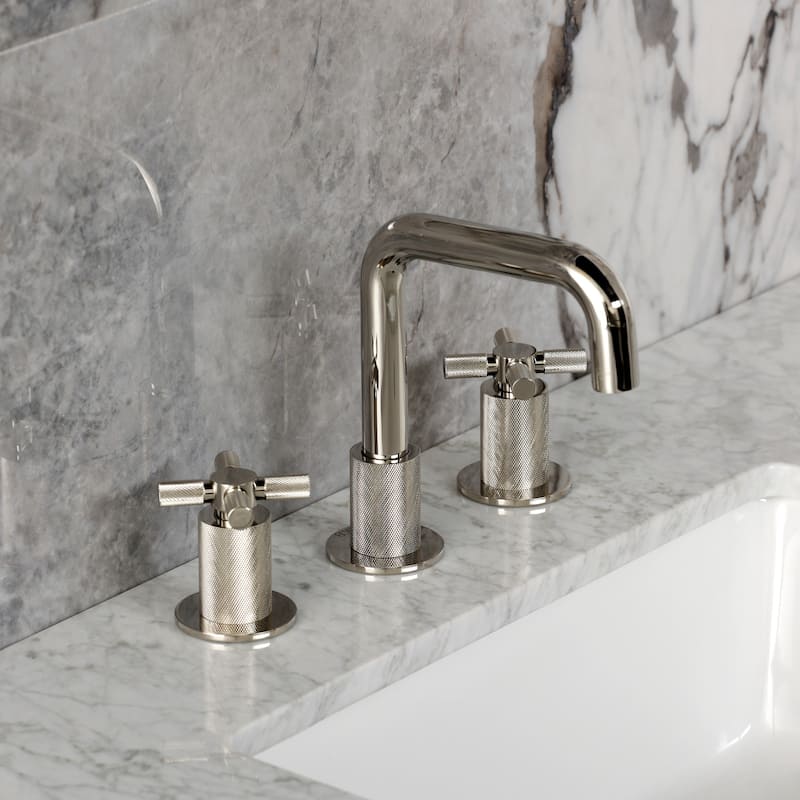 Kingston Brass Convergent Two-Handle 3-Hole Deck Mount Widespread Bathroom Faucet with Push Pop-Up Drain