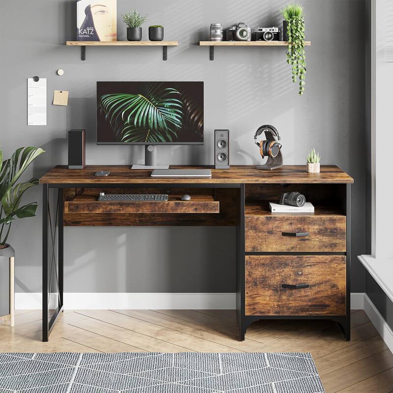 55 inch Computer Desk with Keyboard Tray and Storage Drawers