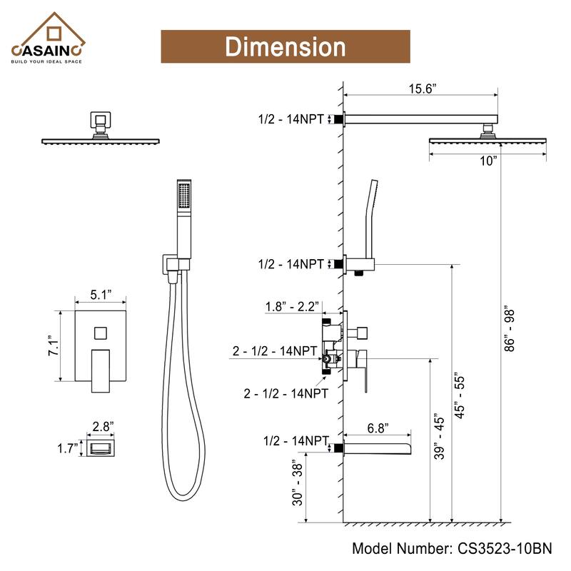 CASAINC 3-Function 10-In Wall Mounted Shower System