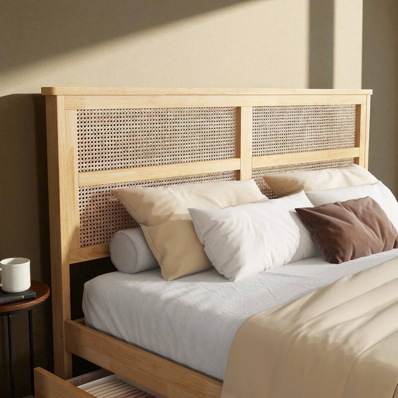 Full/King Size Rubber Wood Bed with Rattan Headboard and 2 Storage Drawers, Solid Frame with Reinforced Support Slats and Feet