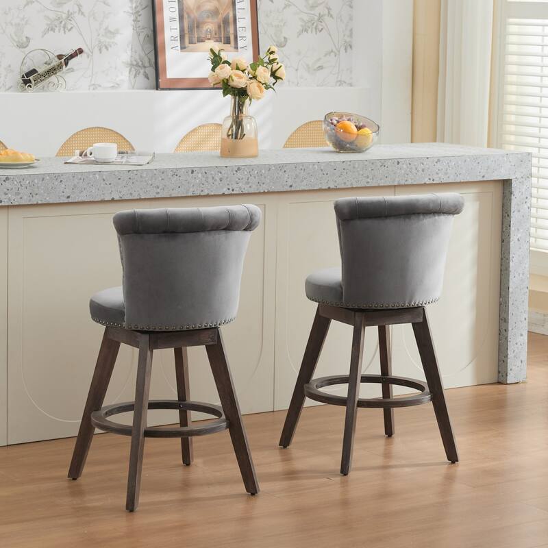 Velvet Upholstered Counter Height Bar Stools Set of 2, Tufted Button Swivel Bar Stools, Kitchen Counter Stools with Wood Legs