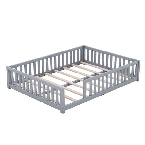 Queen Size Bed Floor Bed with Safety Guardrails and Door for Kids Bed