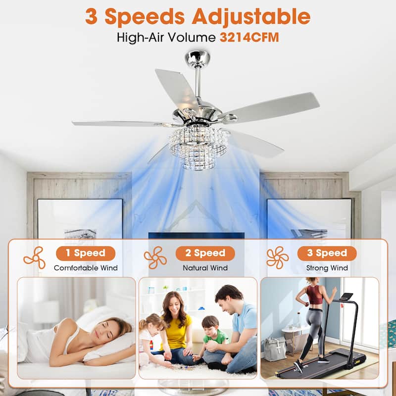 52-inch Chrome Wooden 5-blade Modern Crystal Ceiling Fan with Remote