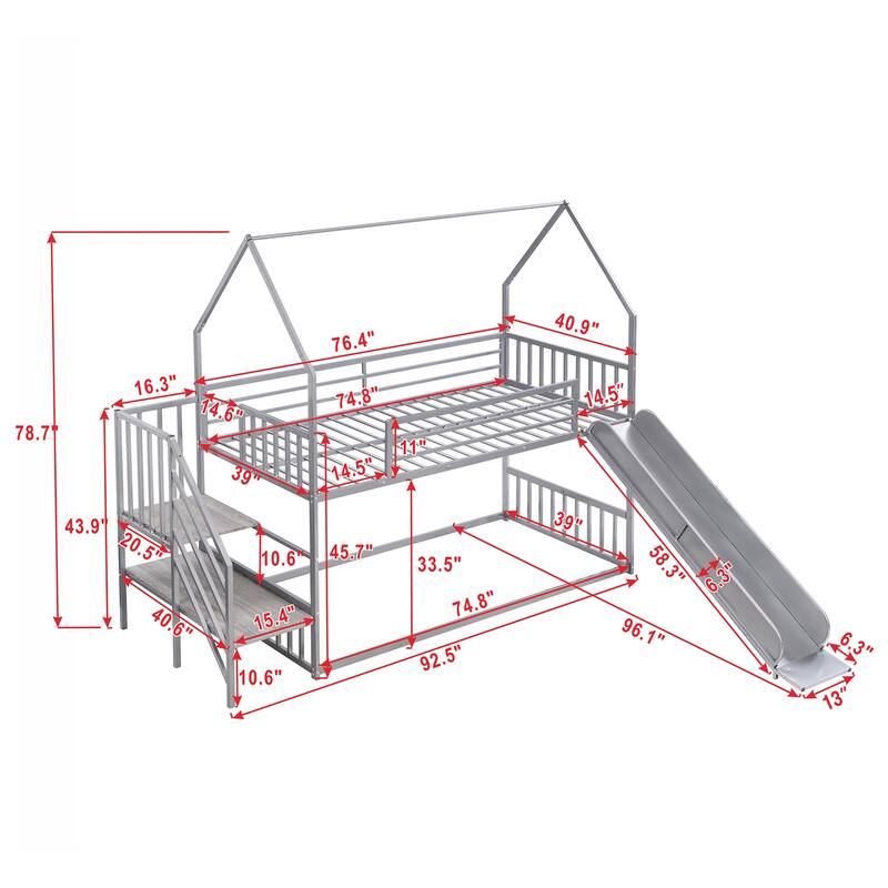 Twin Over Twin Metal Bunk Bed with Slide and Convertible Staircase, House Bed Frame with Storage for Kids, Ideal for Bedrooms