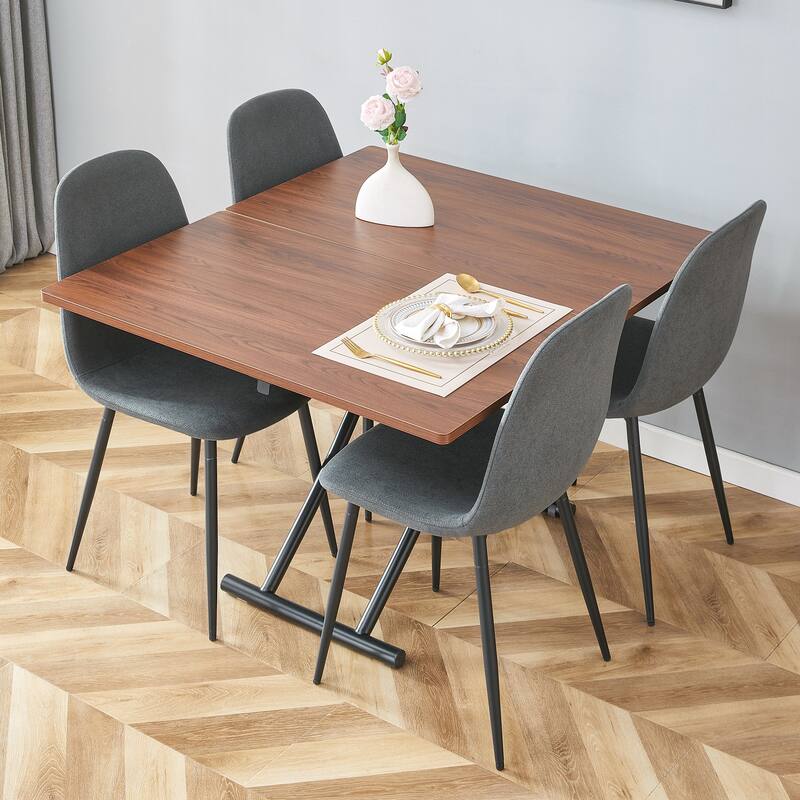 5-Piece Square Folding Dining Table Set, Wooden Lifting Dining Table with Dark Gray Linen Fabric Chairs for Small Spaces - Dark Gray,Walnut+black
