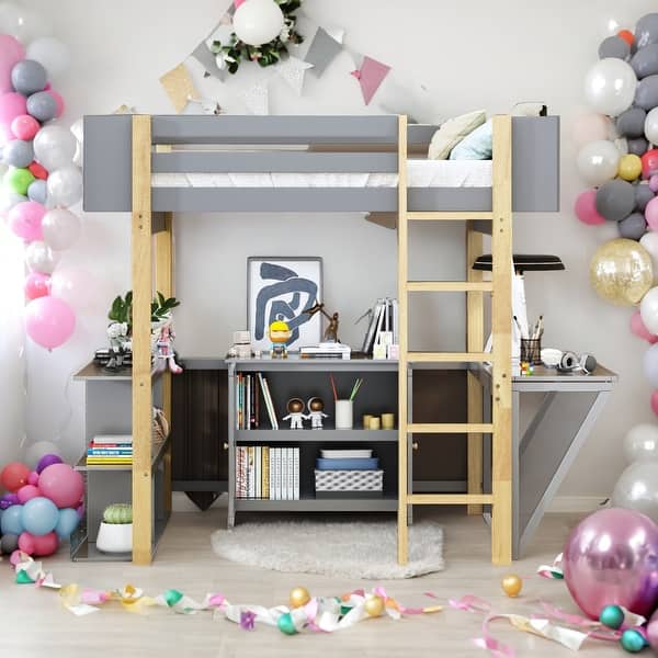 slide 2 of 12, Twin Size Wood Loft Bed With Built-in Storage Cabinet and Cubes, Foldable desk Grey