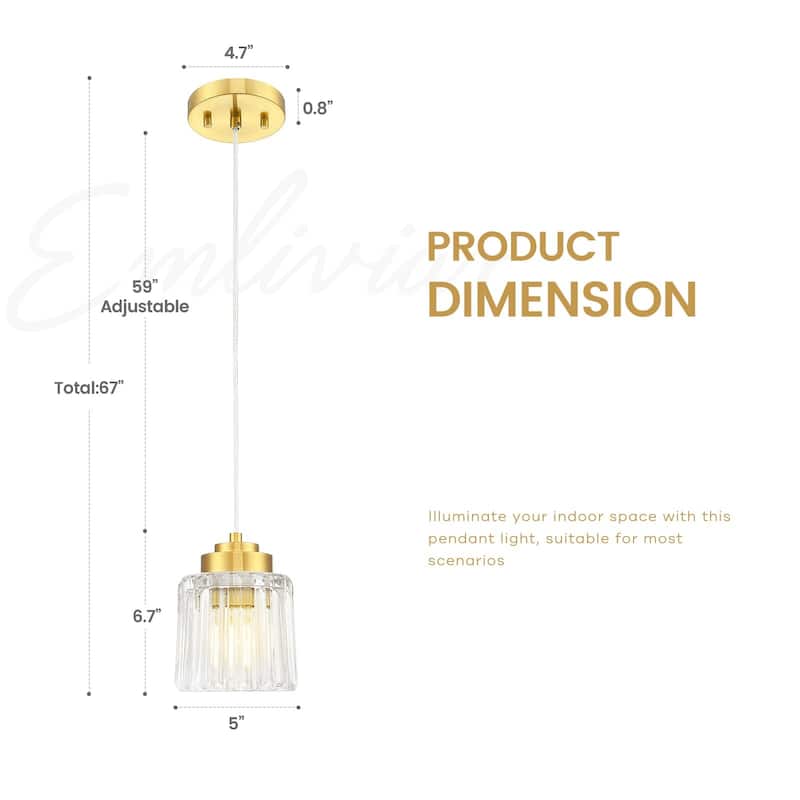 Modern 1-Light Clear Fluted Ripple Glass Adjustable Pendant