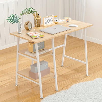 43 Inch Small Computer Desk with Power Outlets & USB Charging Port, Modern Simple Home Table with Storage Shelves