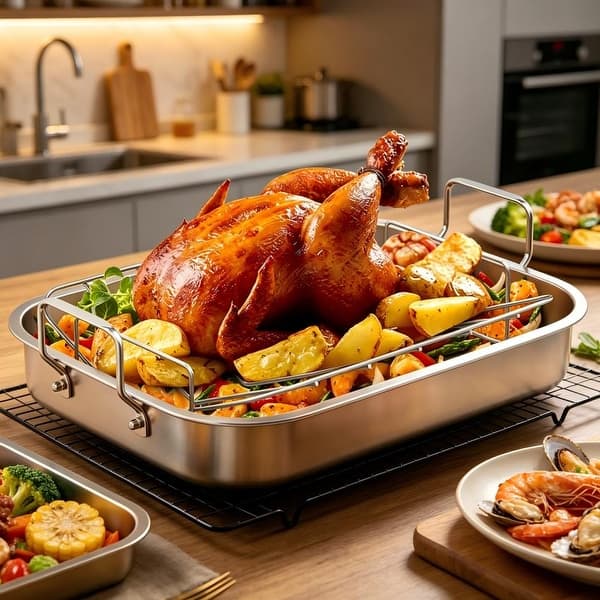 slide 2 of 10, Roasting Pan 15.6" with V-Shaped Rack Non-Stick Heavy-Duty Steel