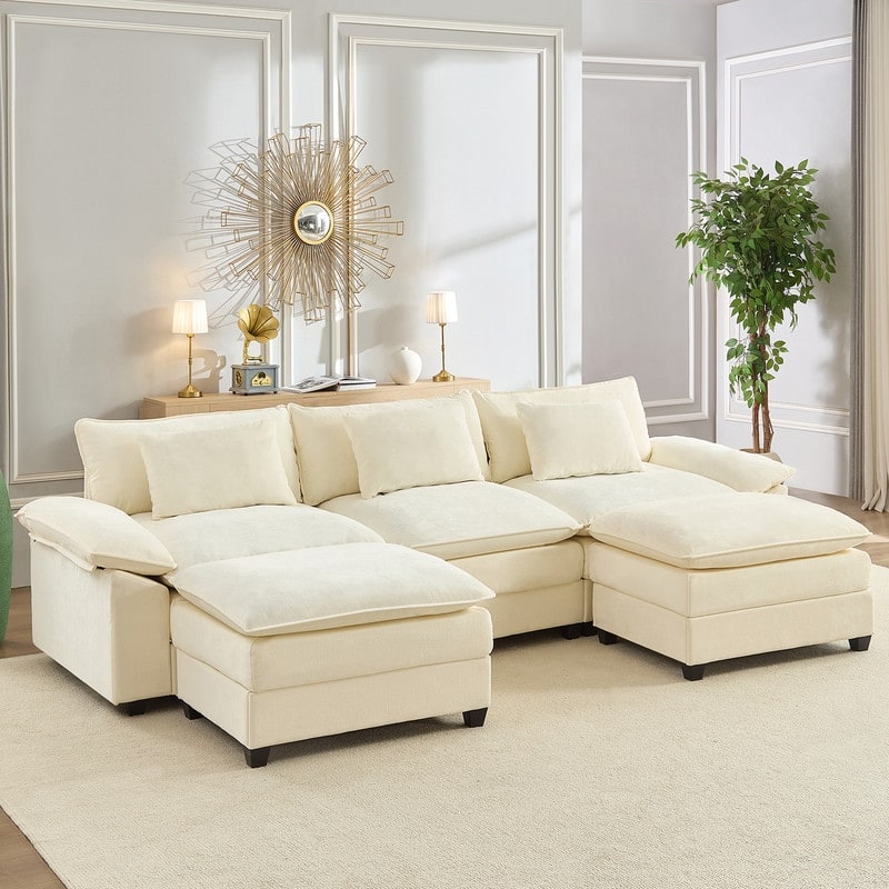 Modern 118'' U-Shaped Modular Sectional Sofa with 2 Ottomans, 5-Seat Cloud Couch, Modern Chenille Sofa Sleeper Deep Seat Couches