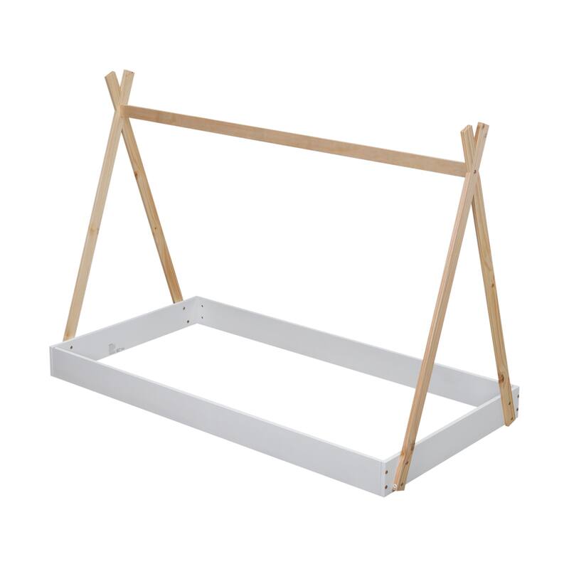 Wooden Twin Tent Floor Bed with Low Profile and Decorative Frame
