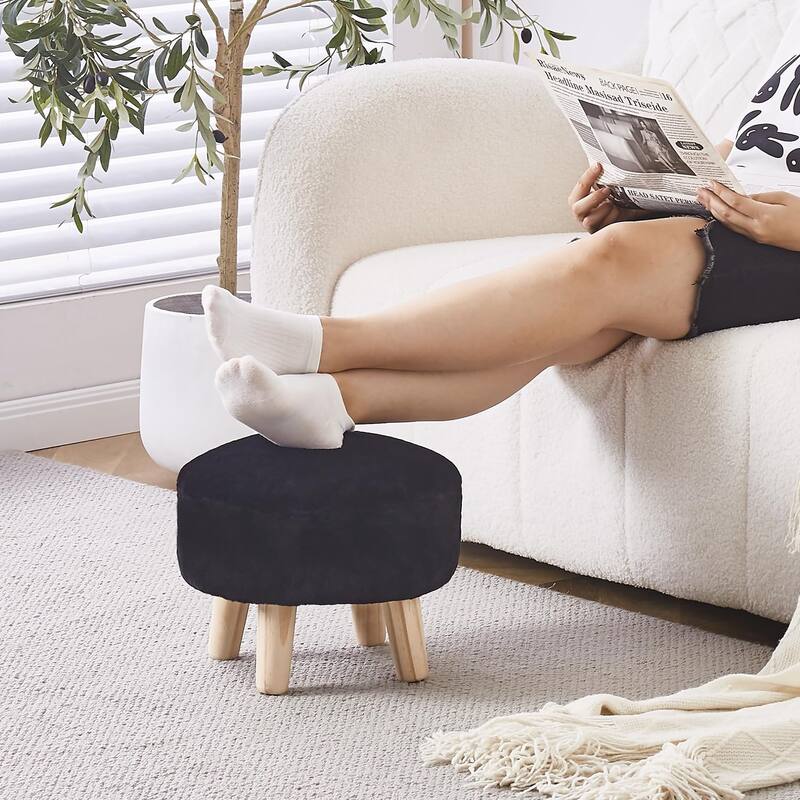 Plush Faux Fleece Round Ottoman Footstool with Wooden Legs and Cozy Seat for Living Room