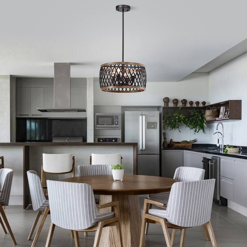 Matte Black 4-Light Metal Geometric Drum Shade Chandelier