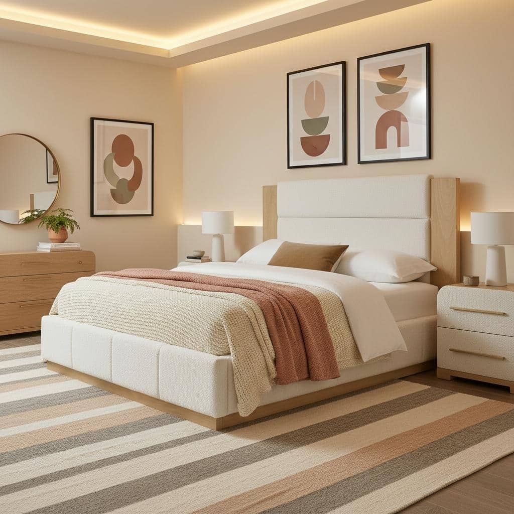 Extended Wood Panel Upholstered Platform Bed by Harper&Bright Designs