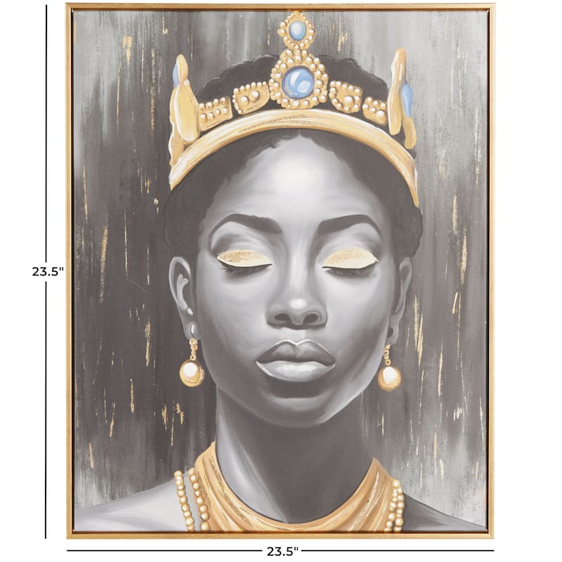 Black Polystone Shaded Woman Living Room Framed Wall Art with Blue Crown and Gold Foil Accents
