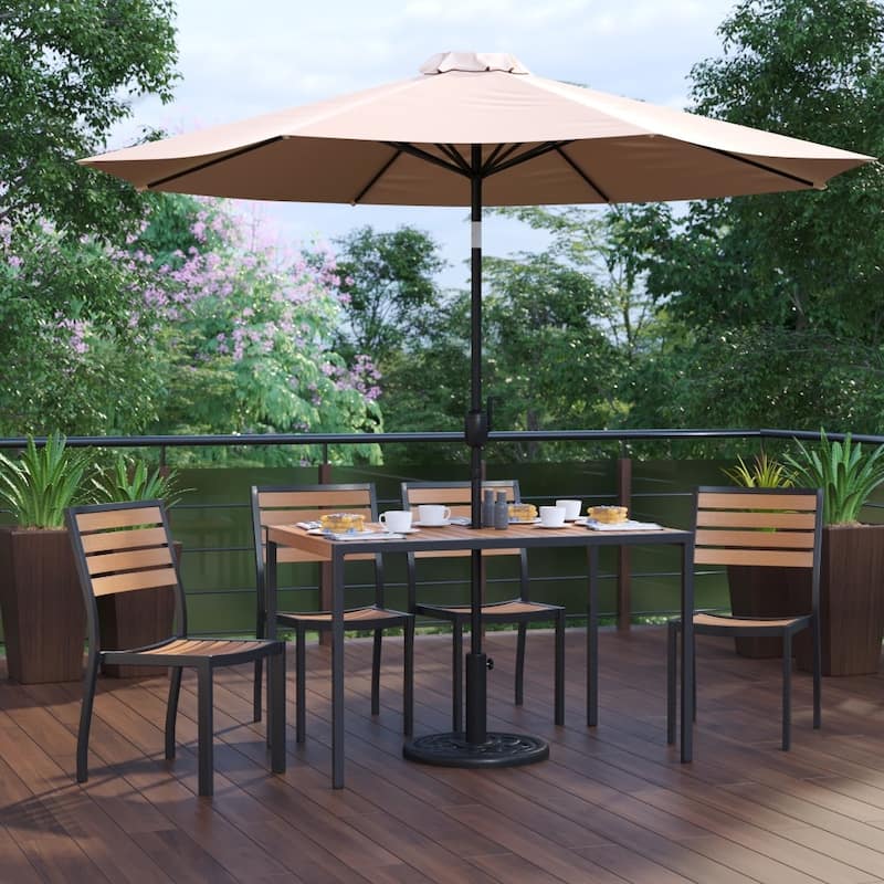Faux Teak Patio Table, 4 Chairs & 9FT Patio Umbrella with Base - Tan