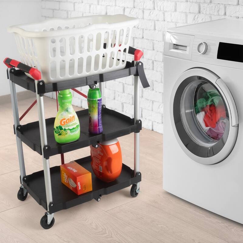 Collapsible Cart - Lightweight Folding Service Cart with 50lb Capacity Per Shelf - Foldable Cart with Wheels by Stalwart