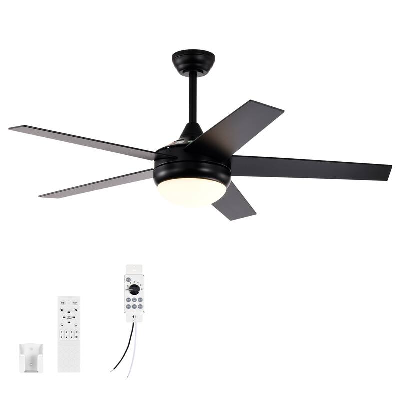 Matte Black 52 in. 6-Speed 5-Blade Indoor LED Ceiling Fan with Remote and Wall Control, Reversible DC Motor - 52 in. Dia x 16.9 in. or 21.9 in. H - Black - Dimmer Switch/Remote