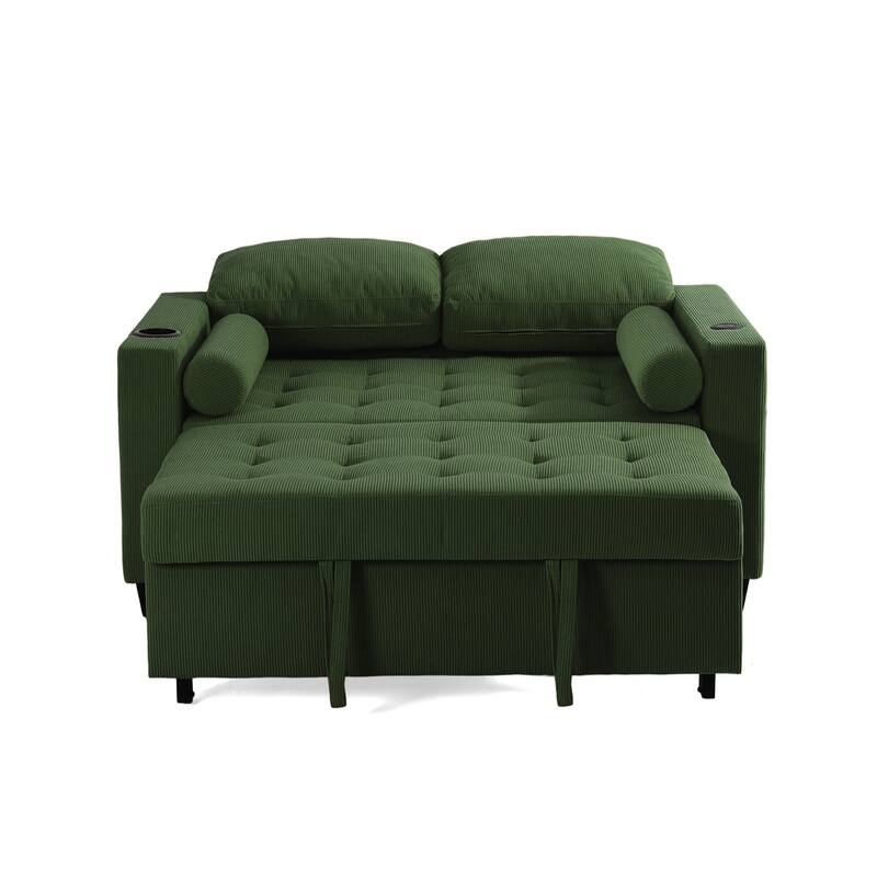 2 Set Corduroy Convertible Sleeper Sofa Bed Loveseats with Cup Holder, USB Ports & Storage