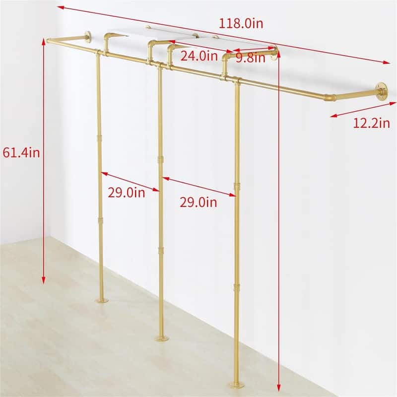 Industrial Pipe Clothes Rack - 11.8"D x 80.7"W x 63"H