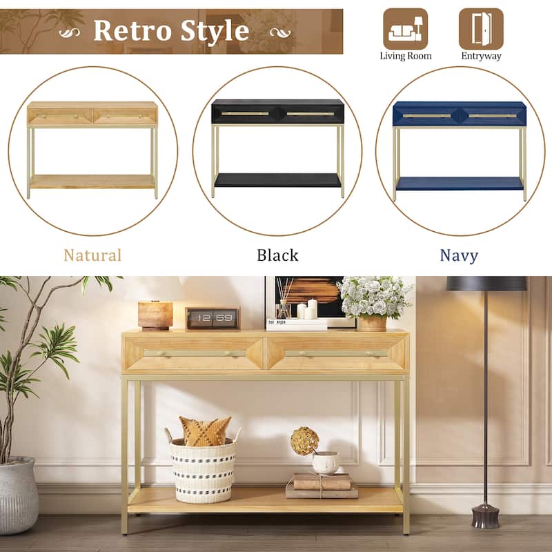 Retro Console Table Hallway Table with 2 Geometric Bevel Drawers, for Entryway and Living Room, Natural