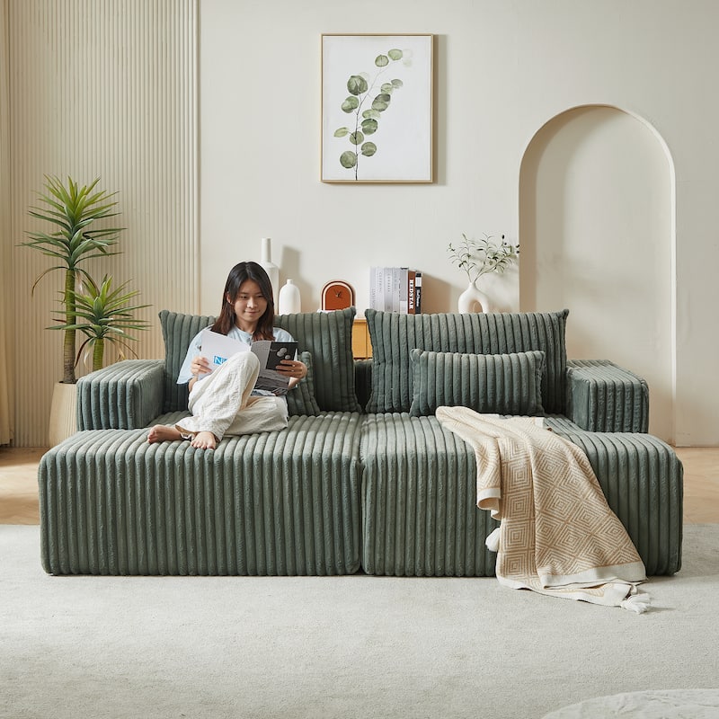 87'' Lounge Chaise Sleeper Sofa - Soft Corduroy Couch with Ottoman Bench and Pillow Support