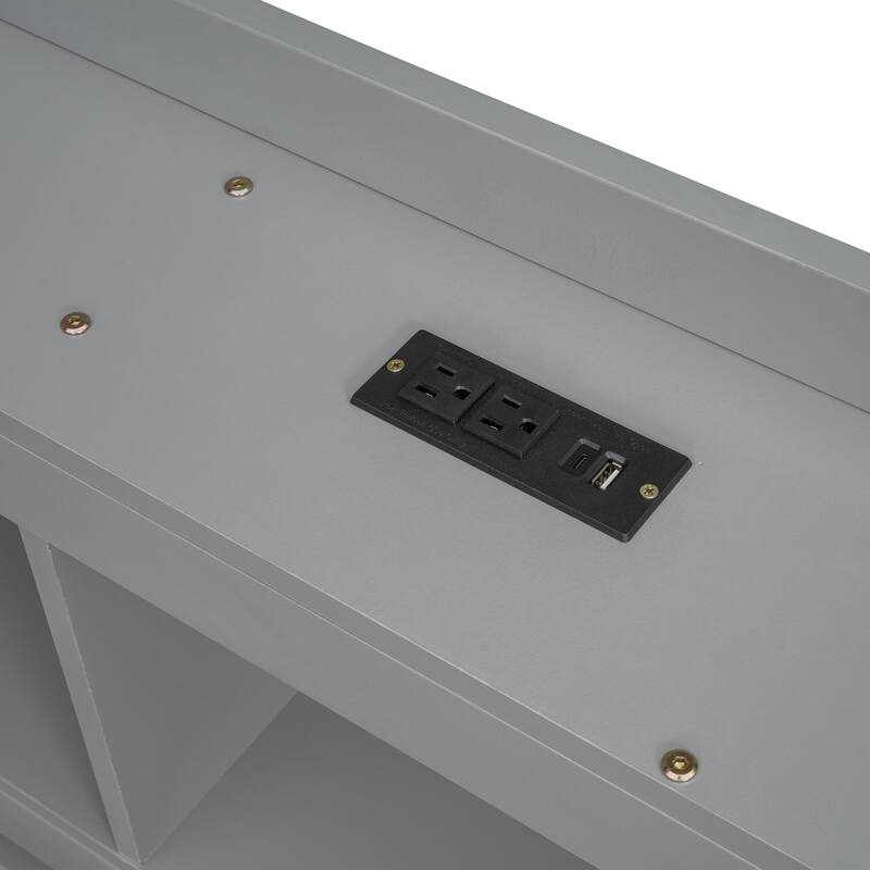 Twin Size L-Shaped Bookcase Bed with USB Charging Ports, Power Outlets & Storage Drawers, Grey