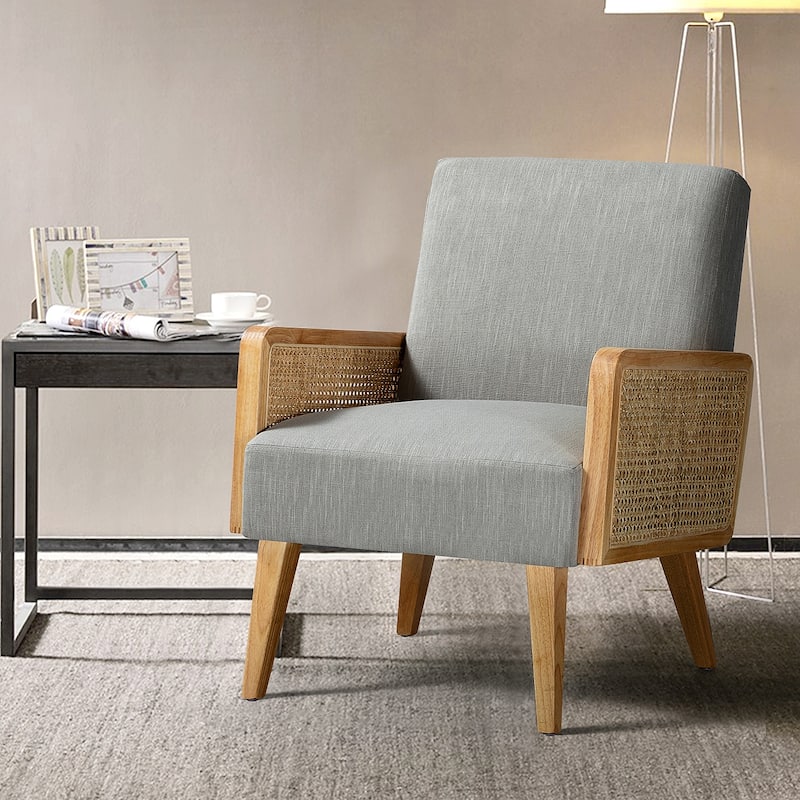 Carmina Upholstered Accent Chair with Natural Rattan Arms by HULALA HOME - Pewter