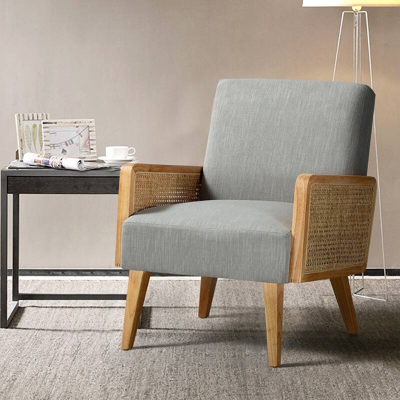 Carmina Upholstered Accent Chair with Natural Rattan Arms by HULALA HOME - Pewter