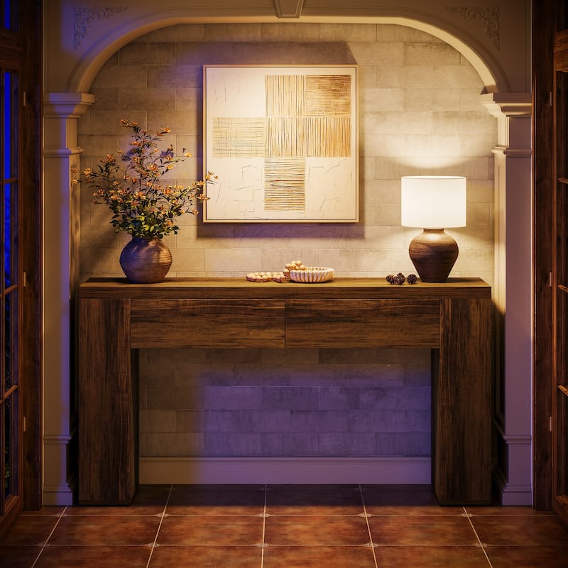 63-Inch Wooden Console Table, Farmhouse Rustic Brown Sofa Table