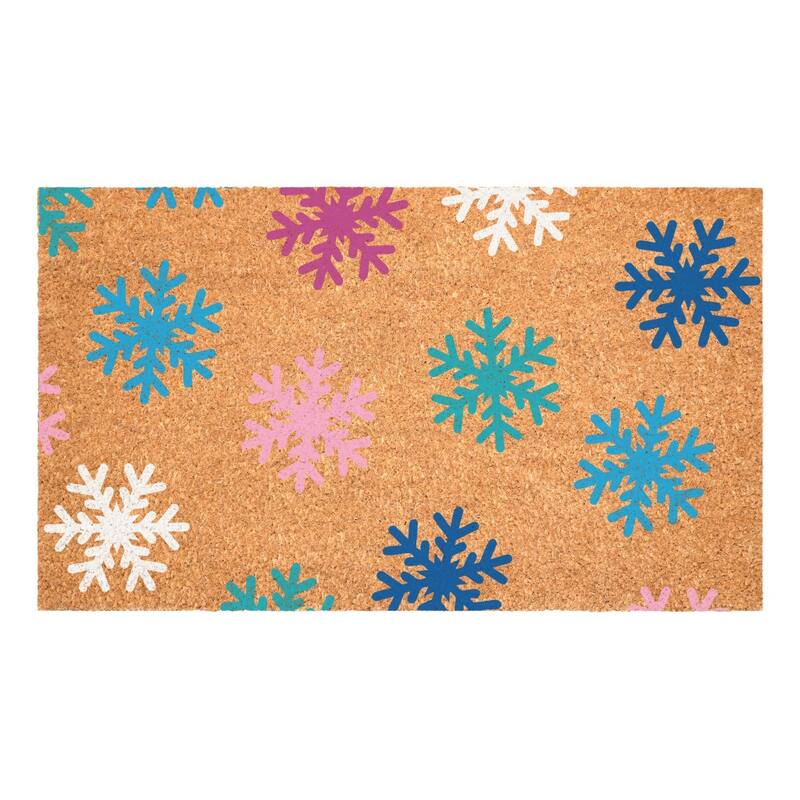 HomeRoots 17" X 29" Brown Blue And White Christmas Snowflake Outdoor Coir Door Mat - 17.00' X '29.00