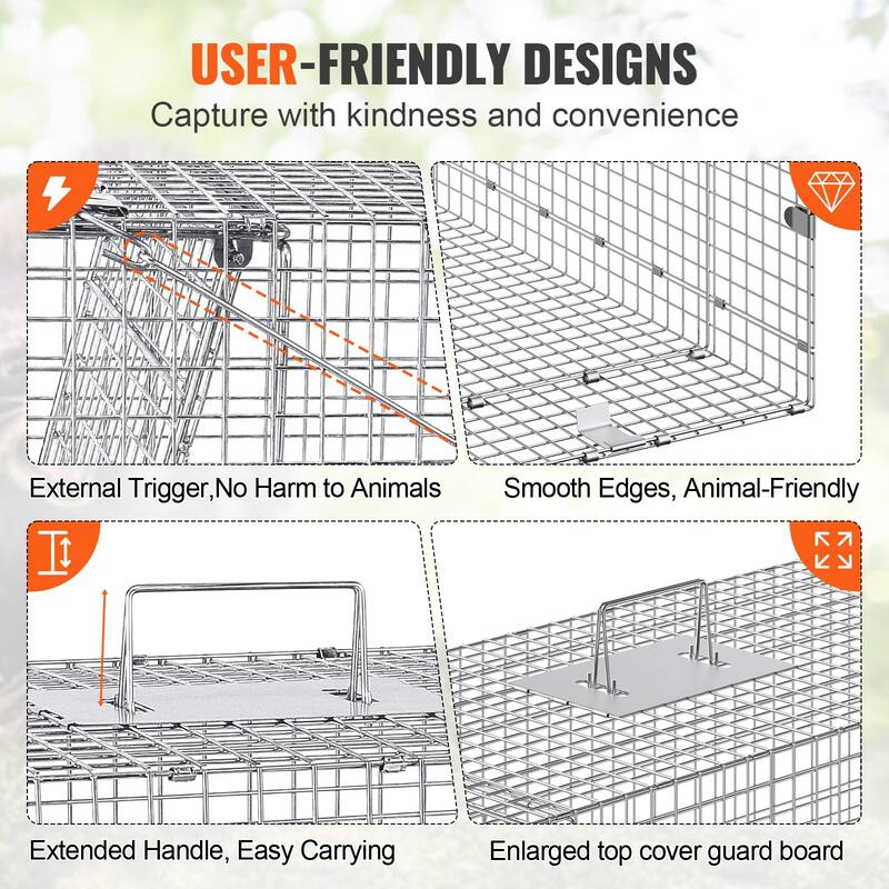 Live Animal Cage Trap with Handle for Stray Dogs, Armadillos, Raccoons, Marmots, Foxes - 42" x 16" x 18"