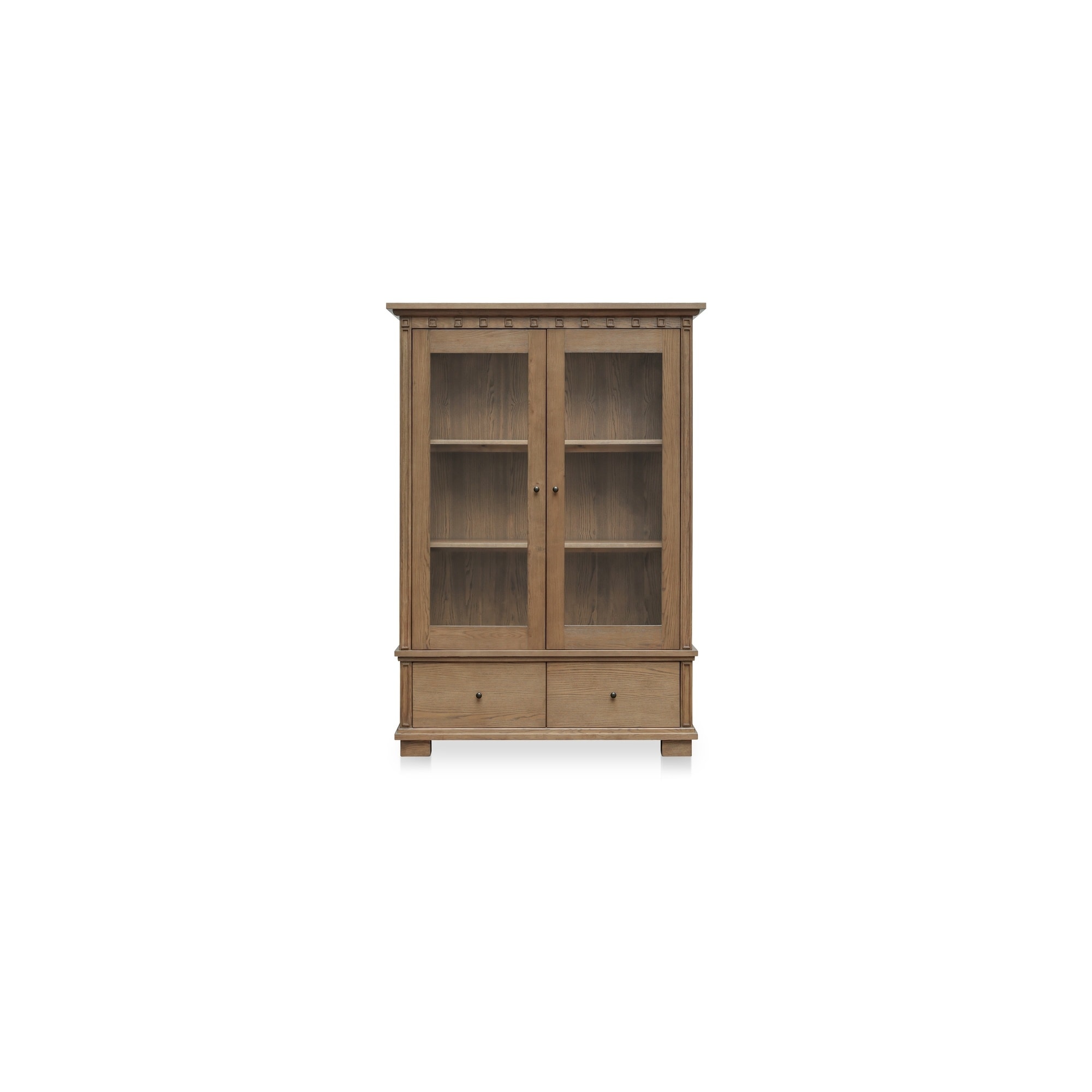 Naomi Cabinet, Solid Ash Frame, Tempered Glass Doors with Linen Drapery, Adjustable Shelving, Brown