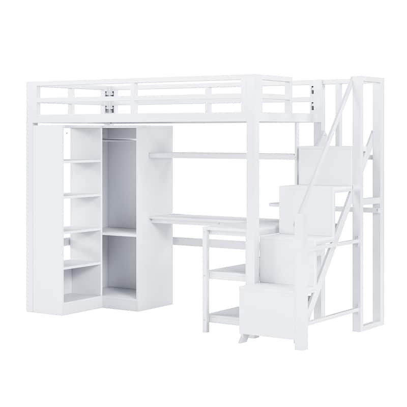 Full-Size Metal Loft Bed with Built-in Wardrobe, L-Shaped Desk, Charging Ports, and Multi-Layer Storage Shelves