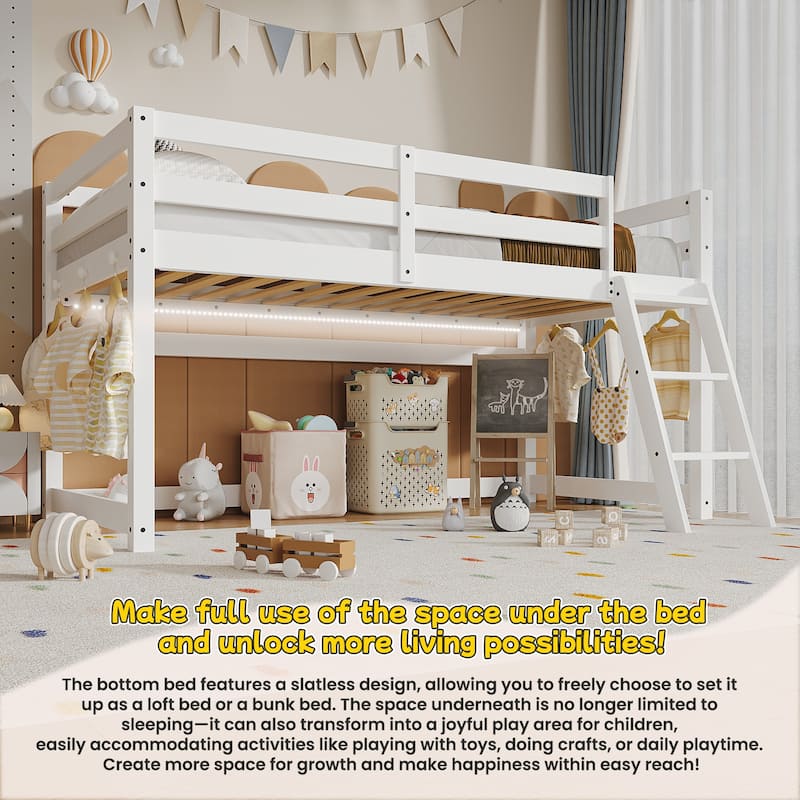 Convertible Twin Loft to Bunk Bed with LED Lights, Solid Wood Frame, White - 400lbs Capacity
