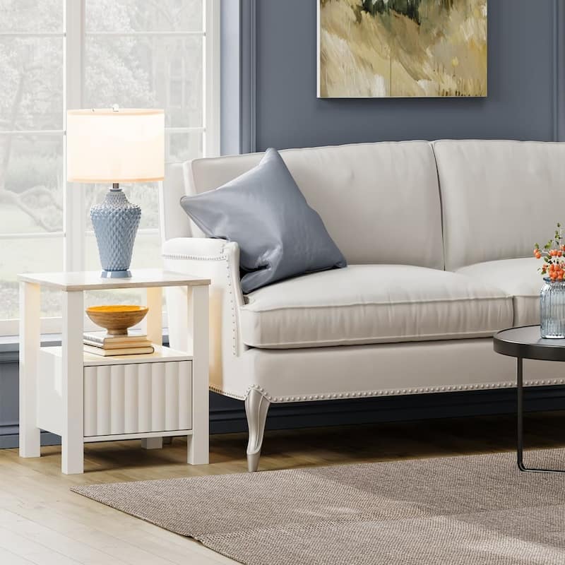 End Side Table with LED Light, White Nightstand with Storage(Set of 2)