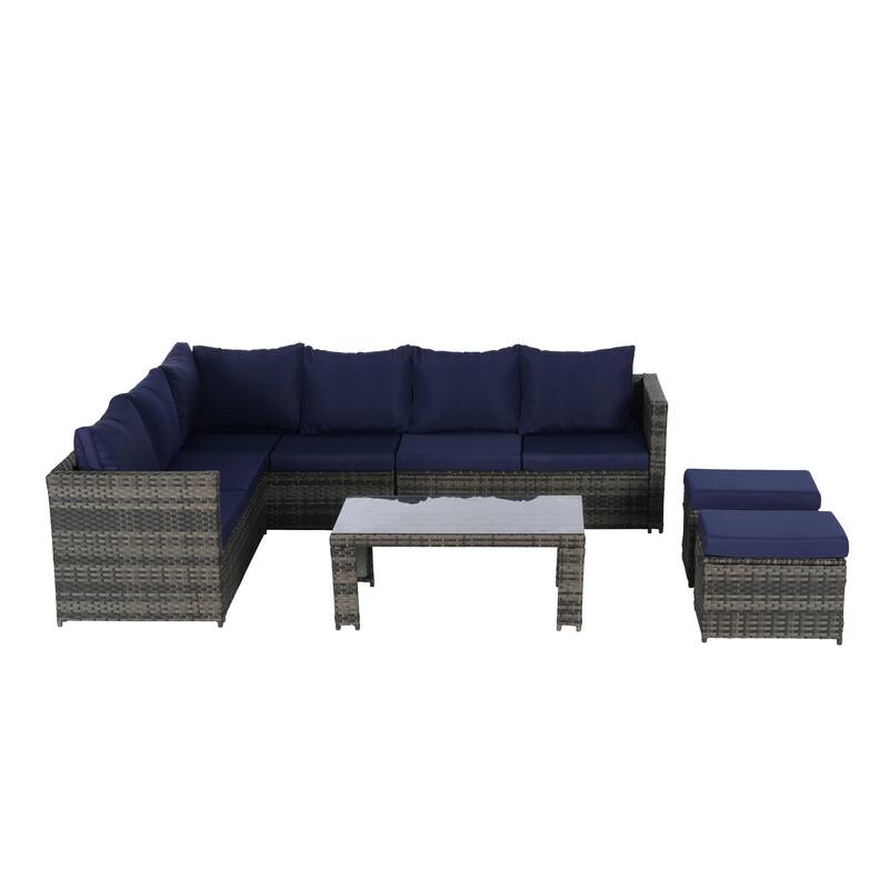 6-Piece Outdoor Patio Rattan Conversation Sectional Sofa Set with Tempered Glass Coffee Table