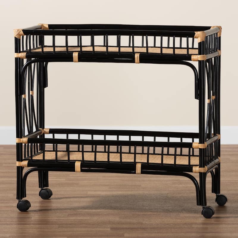 Dalinda Modern Bohemian Two-Tone Black and Natural Brown Rattan 2-Tier Kitchen Cart