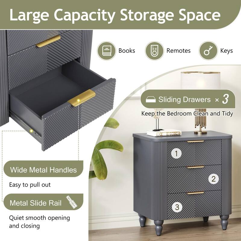 Mid-Century Fluted 3-Drawer Nightstand with Curved Design and Gold Handles