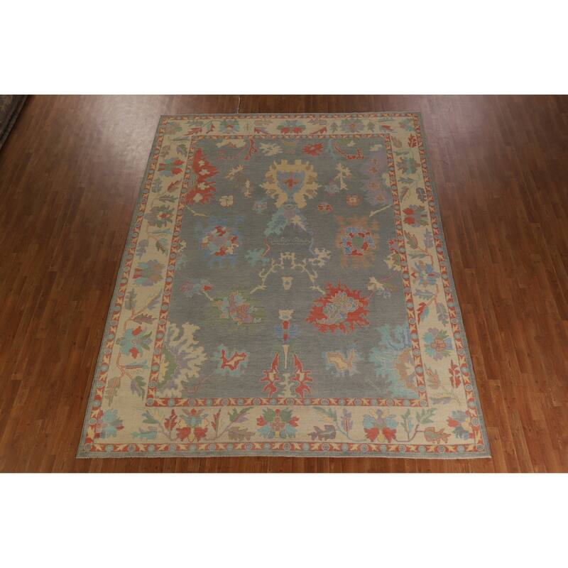 Hand Knotted Oriental 100% Wool Carpet Transitional All-Over Greys & Charcoal Oushak Area Rug - 11' 10'' X 9' 3''