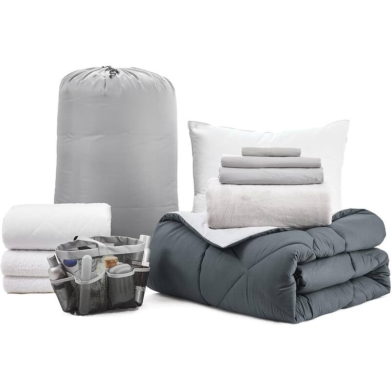College Freshman Dorm Pack - Twin XL Bedding Kit Plus - Faded Black / Glacier Gray