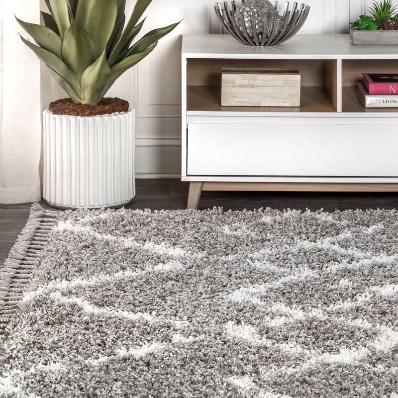 JONATHAN Y Modern Shag Plush Tassel Moroccan Tribal Geometric Trellis Area Rug