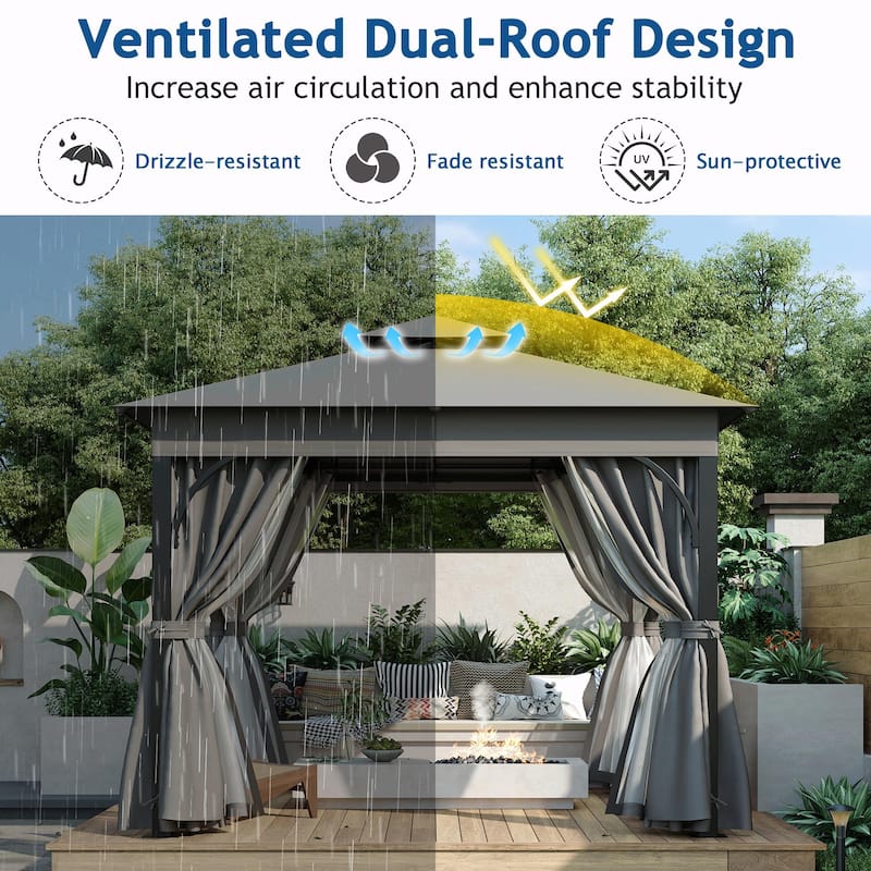 Outdoor Gazebo Tent with Double Roof, Mosquito Netting & Privacy Screens