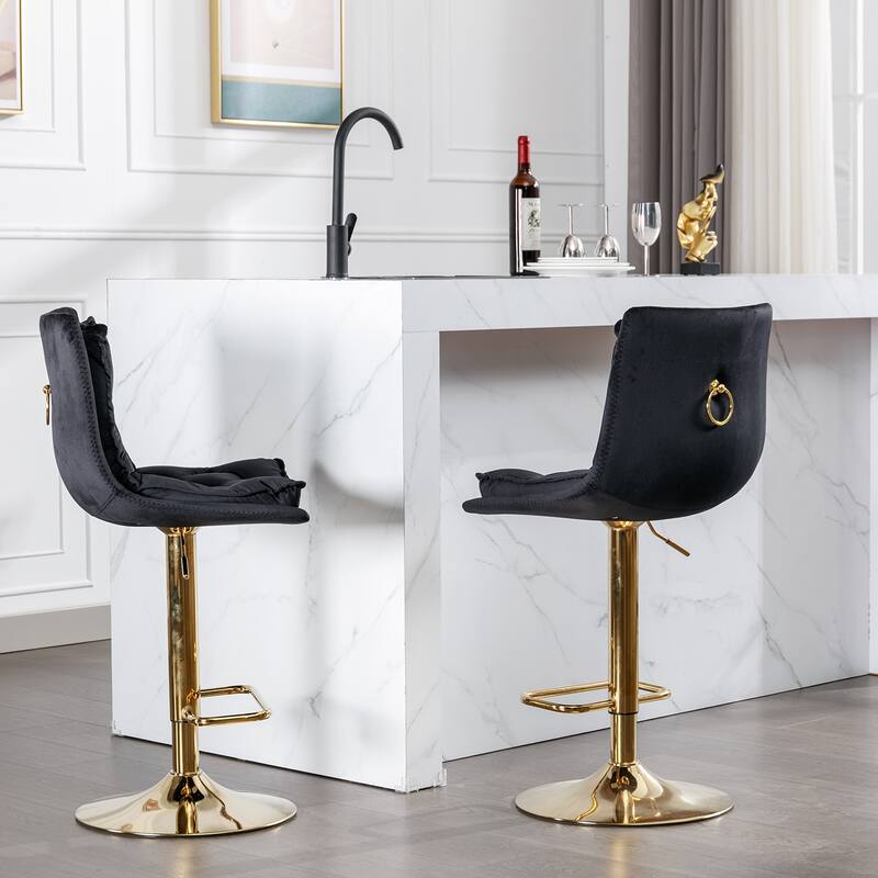 Set of 2 Bar Stools,with Chrome Footrest,Base Swivel Height Adjustable Mechanical Lifting Velvet + Golden Leg Simple Bar Stool